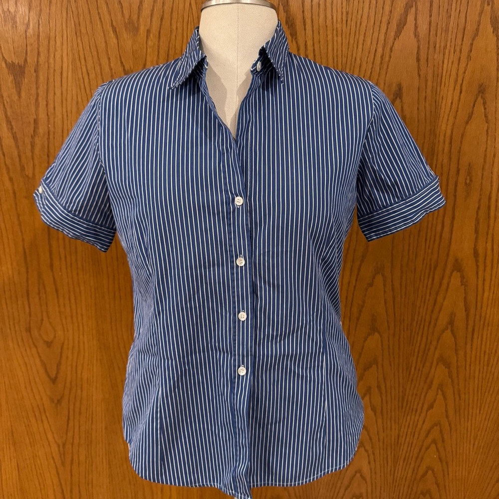 Talbots Blue White Striped Button-Up Short Sleeve Dress Shirt 100% Cotton Office